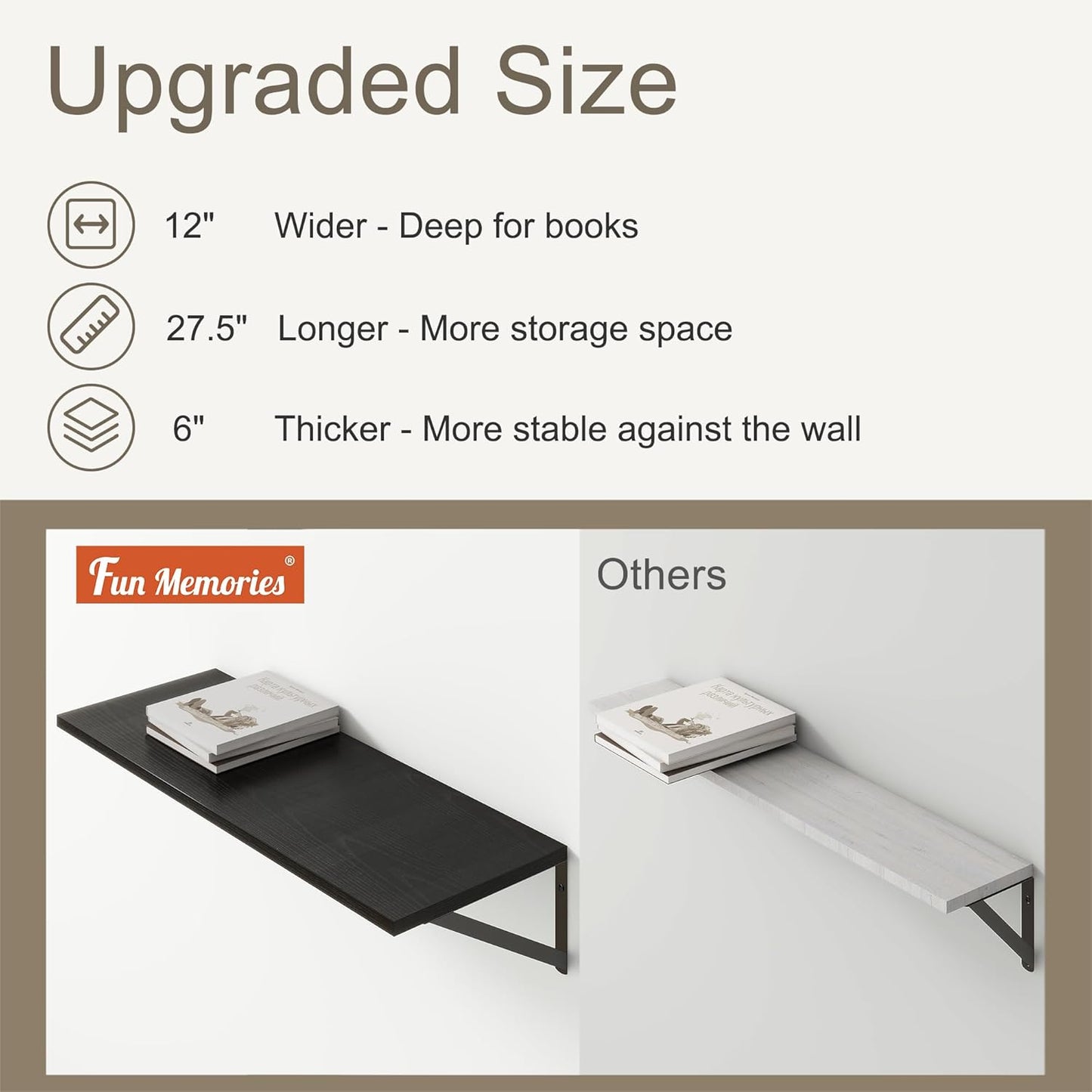 Fun Memories 27.5" W x12 D Floating Shelves, Black Wall Shelf with Brackets, 12 Inch Deep Floating Shelf Set of 2, Large Storage Kitchen Living Room Bathroom Shelves, Wood Wall Mounted Shelf