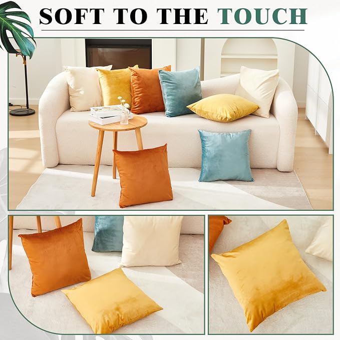 Berlune 8 Pcs Blue and Orange Velvet Throw Pillow Covers 18" x 18" Decorative Boho Cushion Cases Soft Pillowcase for Summer Farmhouse Couch Sofa Bed Home Decor, No Inserts