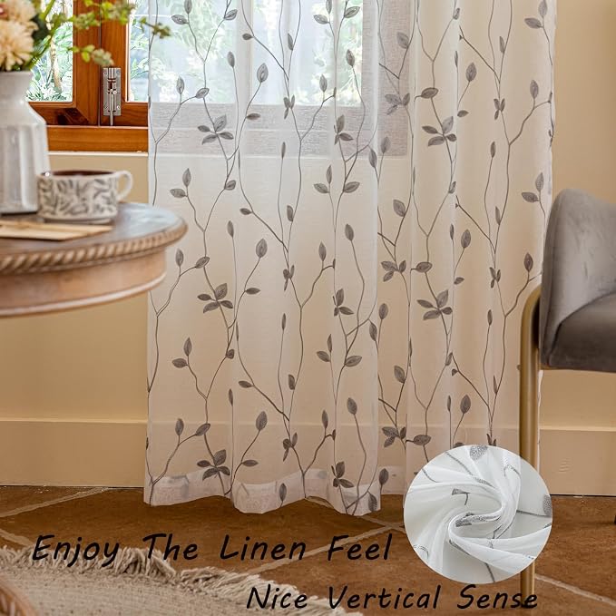 AmHoo 2 Panels Embroidered Leaf Pattern Semi Sheer Curtains Foliage Floral Voile Window Draperies Treatment for Bedroom Living Room Rod Pocket White Light Gray 53 x 95 Inch