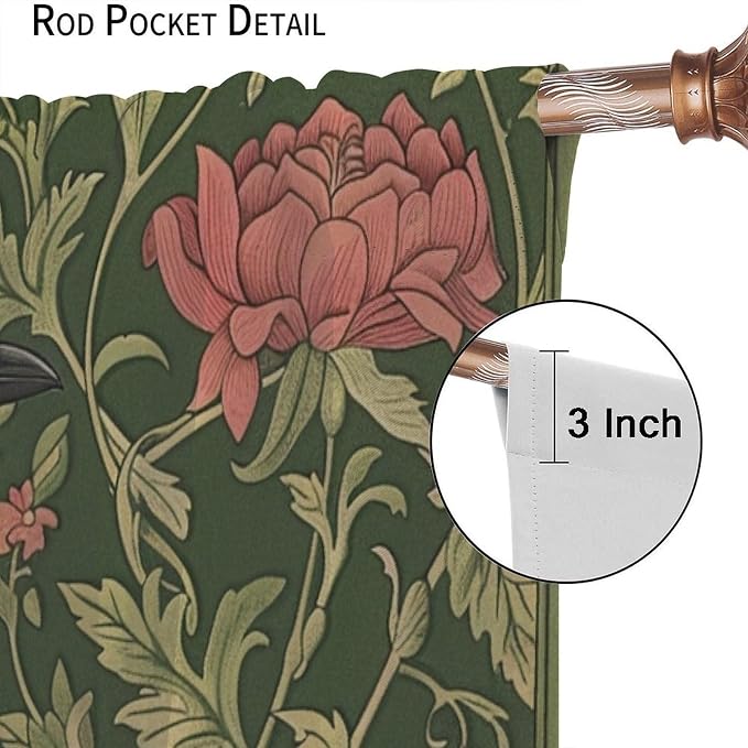William Morris Blackout Curtains, Retro Bird Crow Flower Animal Pattern Window Drapes, for Bedroom Living Room 63" W X 72" L