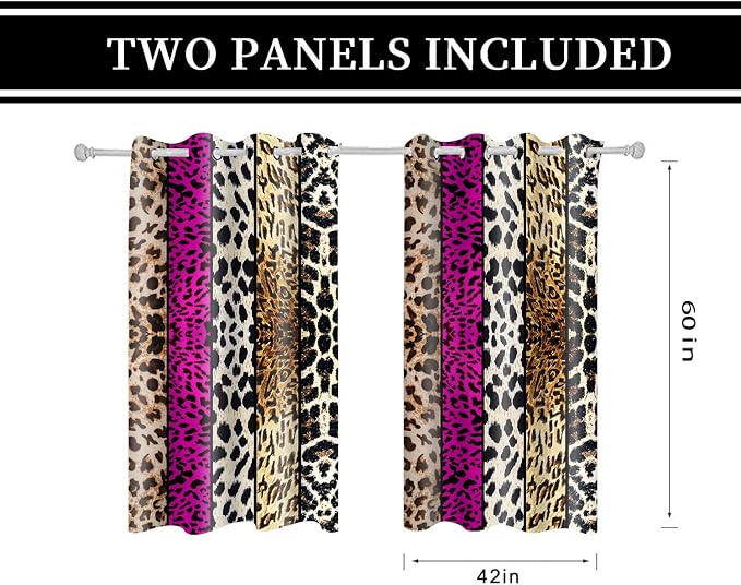 Wild Animal Print Curtain, Room Darkening Thermal Insulated Blackout Leopard Boa Window Drapes with Grommets for Living, Dining, Bedroom, Hot Pink Leopard Print, 42"x 60", 2 Panels