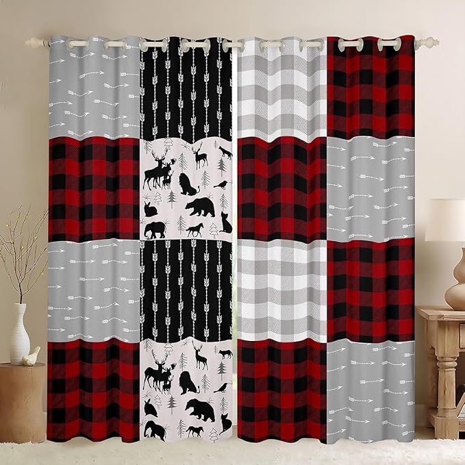 Buffalo Plaid Curtains For Boys Girls, Woodland Moose Window Curtains Vintage Deer Bear Curtains & Drapes 42"Wx84"L, Buffalo Plaid Farm Animal Blackout Curtains Rustic Patchwork Curtains, Red Black