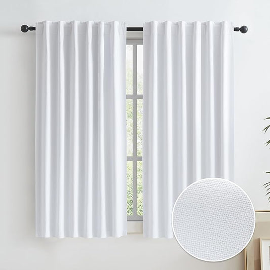KEQIAOSUOCAI Full Blackout Linen Look Curtains Back Tab Pocket Bedroom Curtains 45 Inch Length Flax Burlap Textured Noise Reducing Heat Blocking Drapes W50 x L45, 2 Panels, Pure White