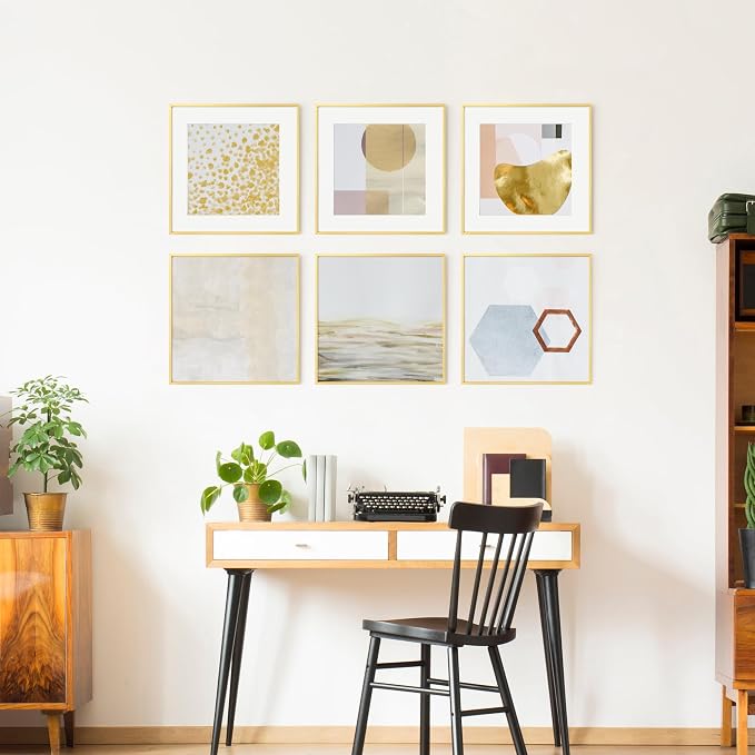 FLYJOE 16x16 Metal Square Picture Frame For Wall With Mat For 12x12, 16''x16'' Aluminum Photo Frames With Tempered Glass For Home Decor, Minimalist Modern Poster Frame Horizontally Vertically, Gold