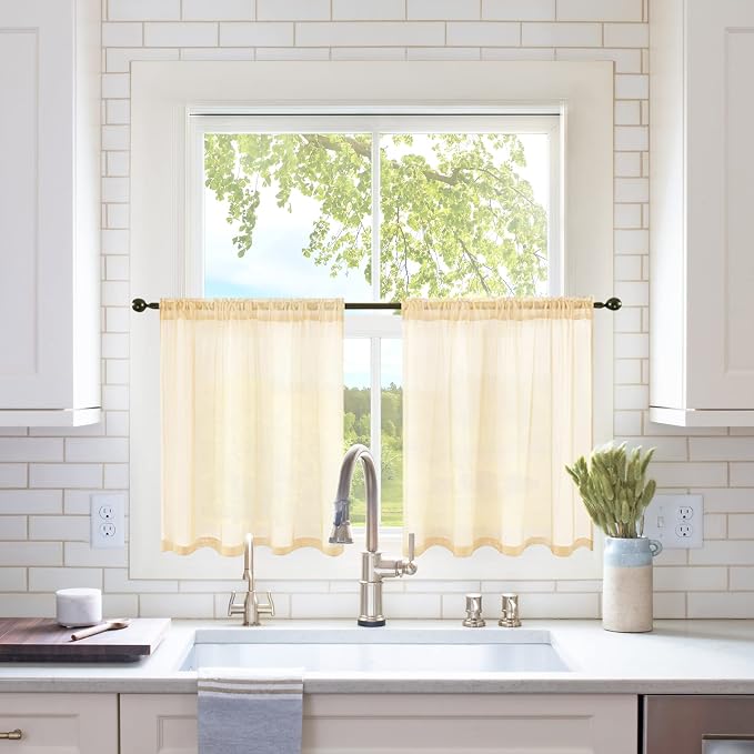 MIULEE 2 Panels Kitchen Tiers Half Window Sheer Curtains Rod Pocket Voile Drapes for Kitchen Bathroom Small Windows 29 by 24 Inch Cream Beige