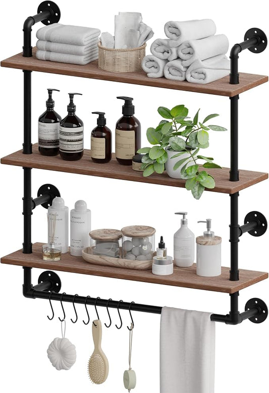 ROGMARS Industrial Pipe Shelving Bathroom Shelves with Towel bar | 24 inch Pine Wood Floating Shelves for Wall Mounted Bedroom,Kitchen, Farmhouse, Living Room 3 Tier