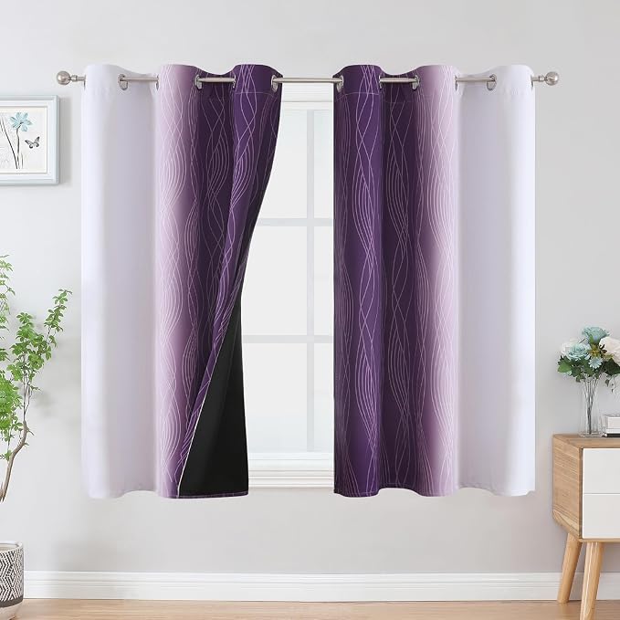 Estelar Textiler Purple and Greyish White Ombre Blackout Curtains 54 Inch Length 2 Panels, Full Room Darkening Gradient Drapes for Bedroom,Thermal Insulated Grommet Short Curtains for Bathroom,42Wx54L