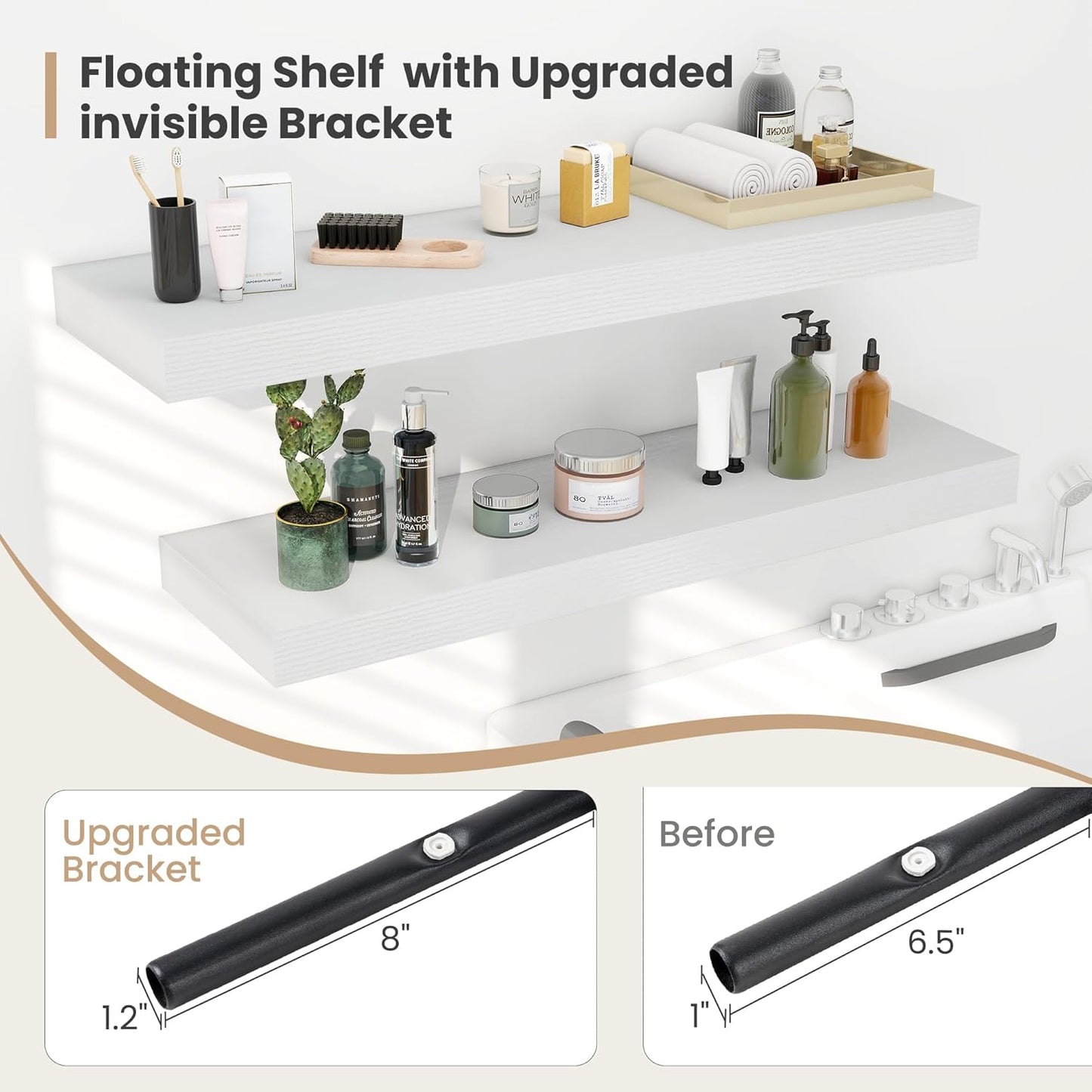 Heimlove 24 x 12 Inch Deep Floating Shelves Wall Mounted with Invisible Brackets,Storage Hanging Shelf for Wall Decor in Bathroom, Bedroom, Toilet, Kitchen, Living Room, Office Set of 2 (White)