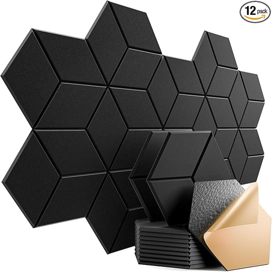 12 Pack Self-Adhesive Acoustic Panels 12" X 10" X 0.4" - Sound Proof Foam Panels for Walls with High Density, Y-Lined Design, Flame Resistant, Absorb Noise and Eliminate Echoes(Black)
