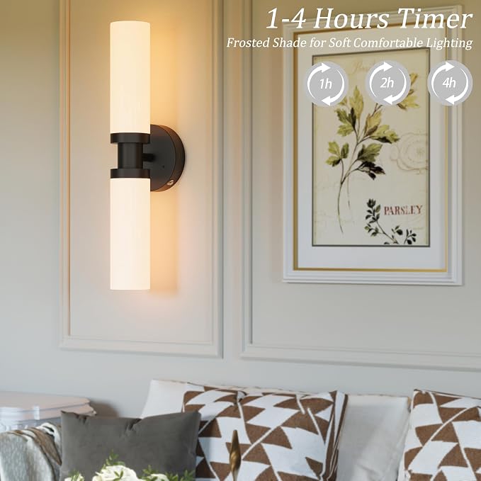Rayogale Black Wireless Battery Operated Wall Sconce with Remote Control | Dimmable Rechargeable Wall Lights Set of 2, Timer, No Hardwire, Touch, 8000mAh, 3000K, White Glass, Emergency, 16.5 Inch