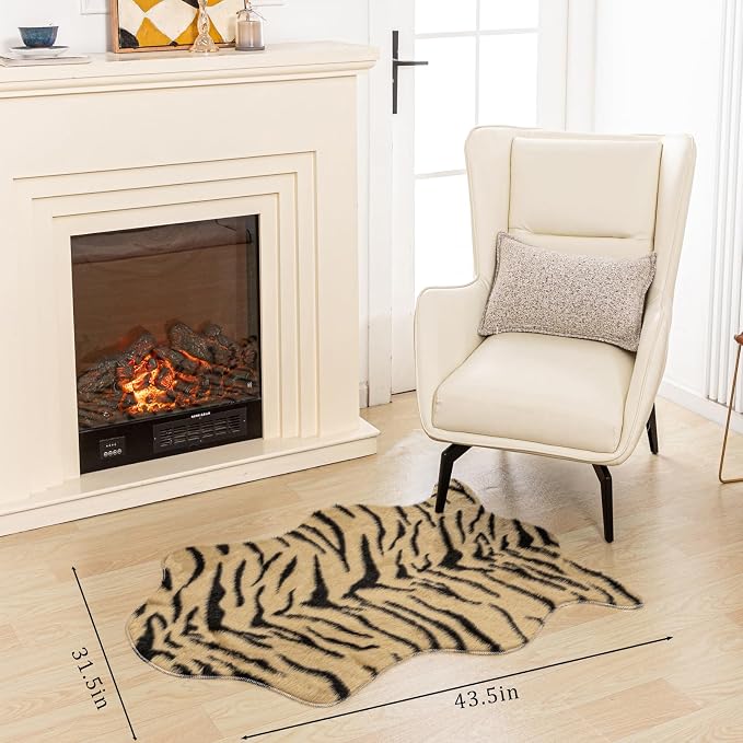 Tiger Print Rug, Faux Cowhide Area Rug Animal Printed Carpet Skin Fur Luxury Soft Faux Fur Rug for Living Room, Bed Room, 31.5x43.5 Inch