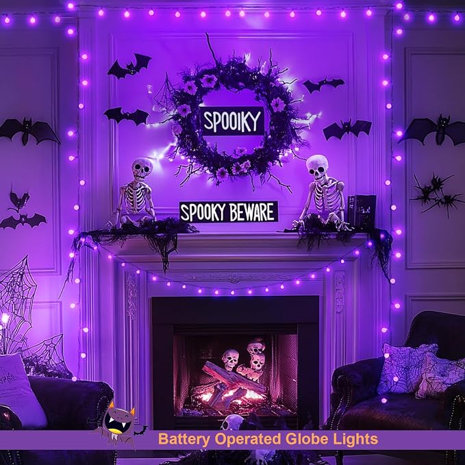 JMEXSUSS 100 LED Purple Globe String Lights Battery Operated with 8 Modes | 33ft Indoor Christmas Lights with Remote, Battery Powered Fairy Lights Outdoor for Room Bedroom Party Patio Yard Decor