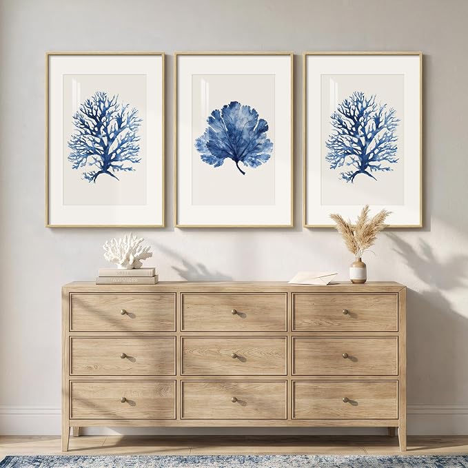 Large Framed Blue Coastal Coral Wall Art for Living Room, 3 Piece Nautical Ocean Pictures Artwork for Walls, Beach Modern Minimalist Watercolor Prints for Bedroom Dining Room Wall Decor, 24x36 Inch