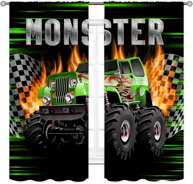 Truck Curtains for Boys Room, Burning Flame Tractor Truck Car Cool Monster Checkered Racing Flag Window Drapery Treatments for Boys Kids Bedroom Living Room Playroom Nursery 2 Panels, 63"x63" Inch