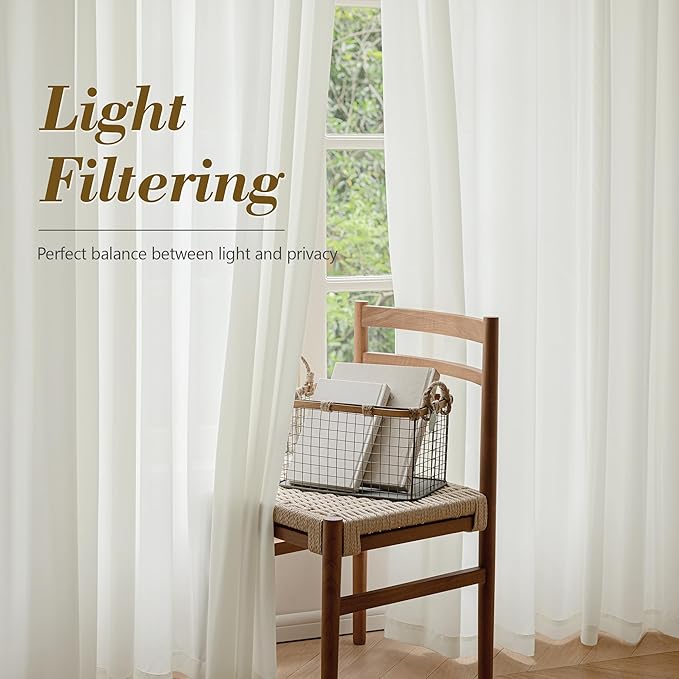 FMFUNCTEX Sheer Non-See-Through Netural Beige Curtains for Bedroom, Faux Silk that Let Light Curtains 108 inches Long Light Filtering Privacy Sheer Drapes for Living Room, Rod Pocket 2 Panels Set
