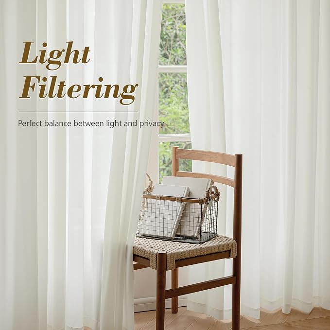 FMFUNCTEX Sheer Non-See-Through Netural Beige Curtains for Bedroom, Faux Silk that Let Light Curtains 102 inches Long Light Filtering Privacy Sheer Drapes for Living Room, Rod Pocket 2 Panels Set
