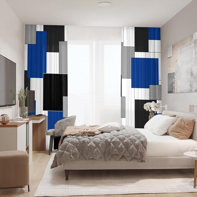 Blue and Black Curtains for Living Room 84 Length Geometry Curtains Modern White Blue Abstract Rod Pocket Curtain for Bedroom Kitchen Room Window Drapes 2 Panels