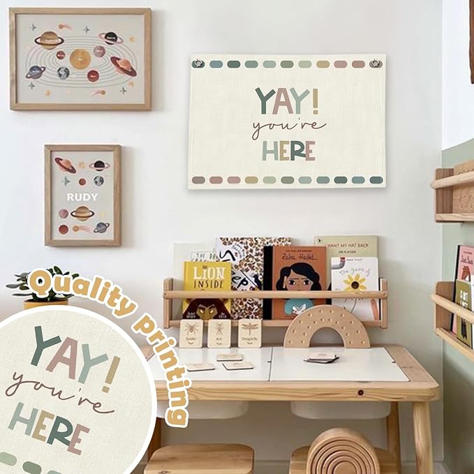 RTXLEZM Welcome Black to School Sign, Yay You're Here Canvas Banner | Boho Classroom Decor Wall Hanging for Kids Toddler Boys Girls Nursery Room Bedroom Playroom Decor, 20x30 Inch