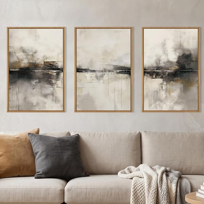 HOURIA Large Abstract Neutral Beige & Black Framed Canvas Wall Art Set,Modern Minimalist Brown Wall Decor,Textured Gray Tan Illustrations Artwork for Living Room, Bedroom, Farmhouse- 24"x36"x3