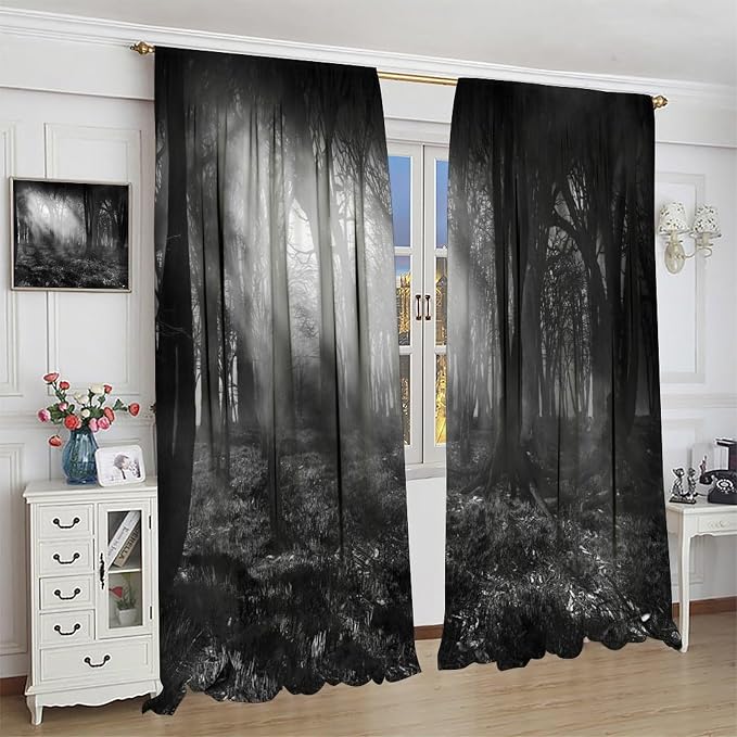Dark Forest Blackout Curtains,Gothic Nature Misty Forest Trees Landscape Windows Treatments Rod Pocket Drapes for Living Room Bedroom Kitchen 84x84in