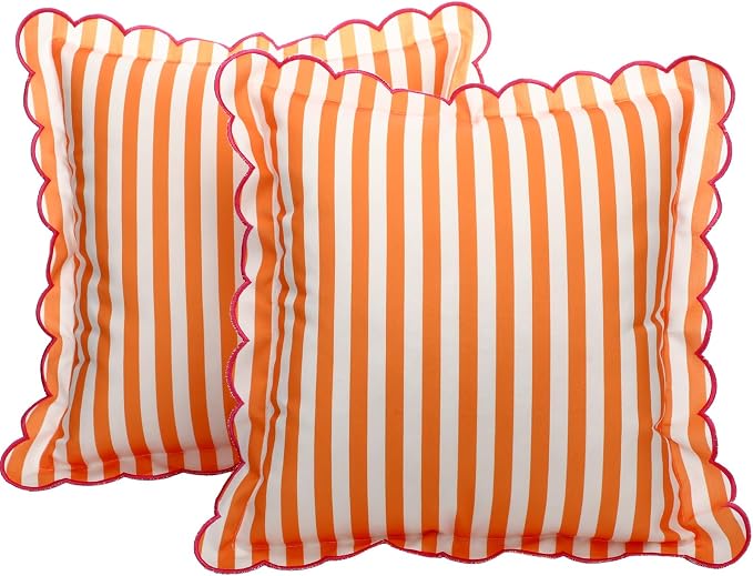 Newwiee 2 Pack Scalloped Pillow Cover 18 x 18 Inch Orange Powder Stripe Throw Pillow Cover Cotton Decorative Pillowcase for Women Men Couch Living Room Cushion Indoor Outdoor Decoration