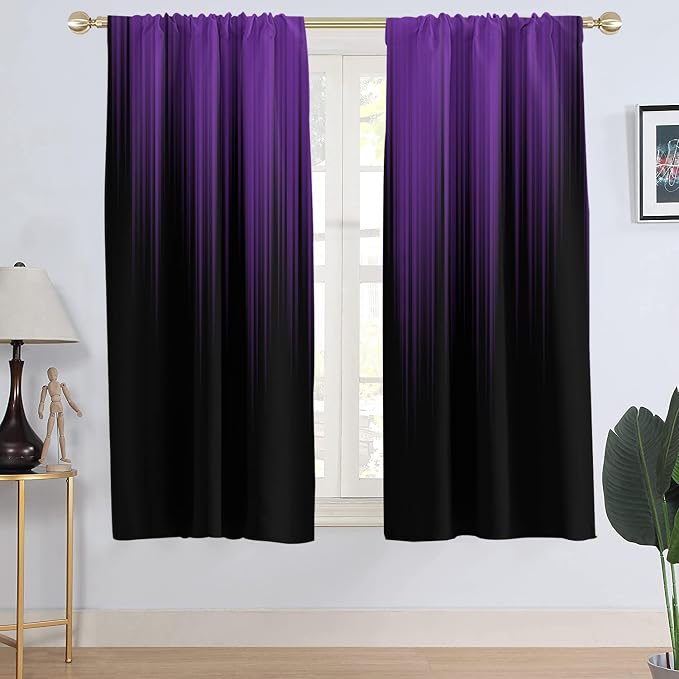 AAtter Purple and Black Ombre Curtains for Bedroom, Gothic Dark Gradient Fabric Window Drapes, Rod Pocket Living Room Halloween Room Decor, 42" W x 63" L, 2 Panels