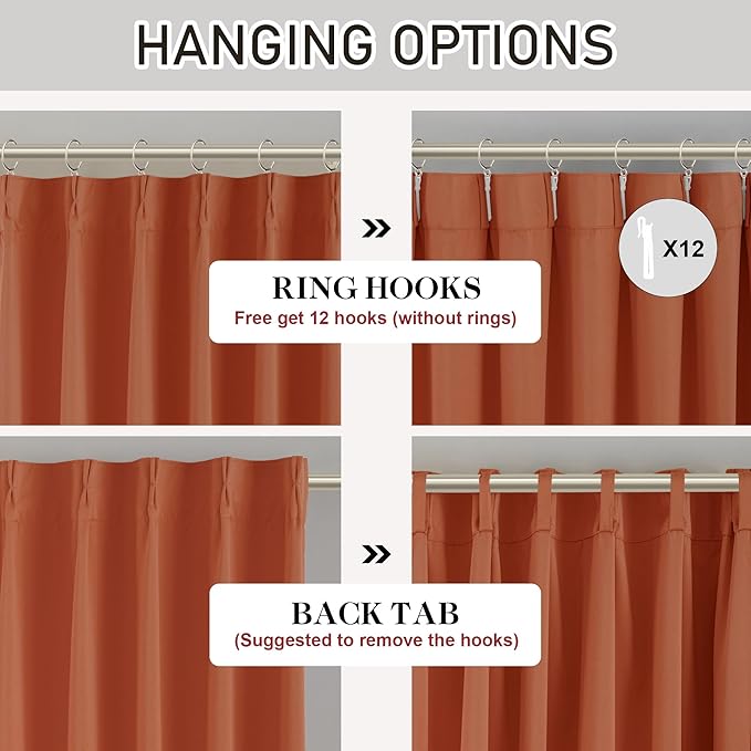 DONREN Burnt Orange Pinch Pleated Blackout Curtains with Hooks - 120 inch Length Room Darkening Thermal Insulated Window Curtain Panels Ceiling to Floor for Living Room 2 Panel 40" Wx120 L