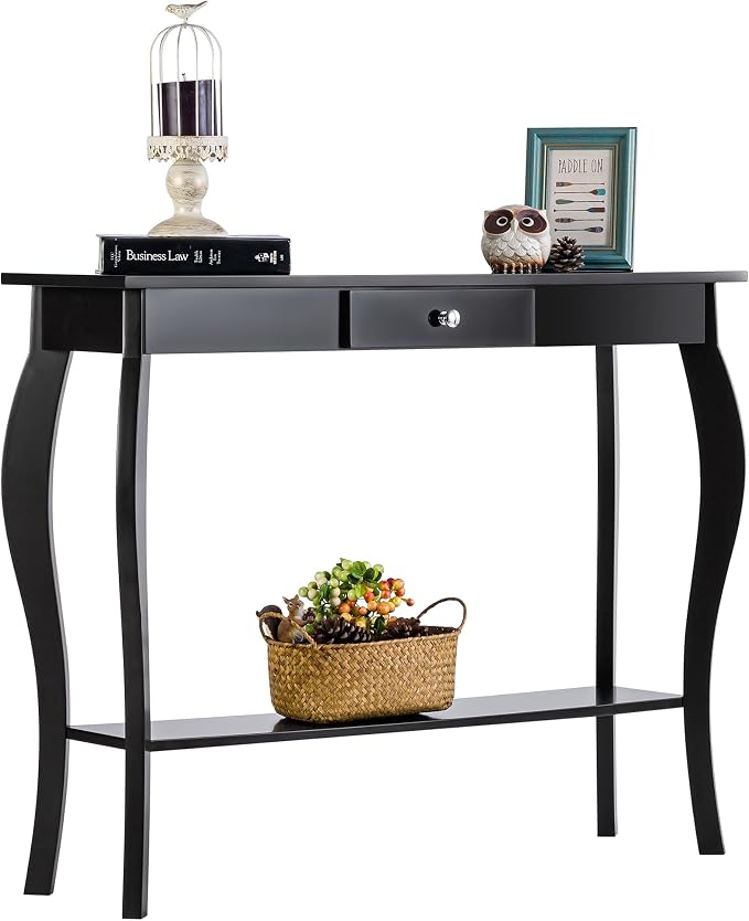 ChooChoo Narrow Console Table with Drawer, Chic Accent Sofa Table, Entryway Table, Black