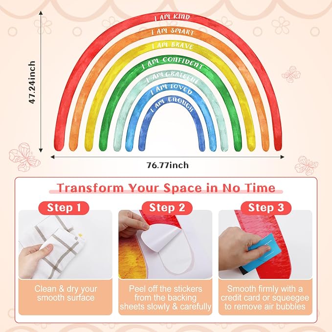 Tinideya 77" x 47'' Large Watercolor Rainbow Wall Decal with Inspirational Quote, Peel and Stick Rainbow Stickers Watercolor Vinyl Wall Mural Art for Girls Toddlers Playroom Bedroom Classroom(Bright)