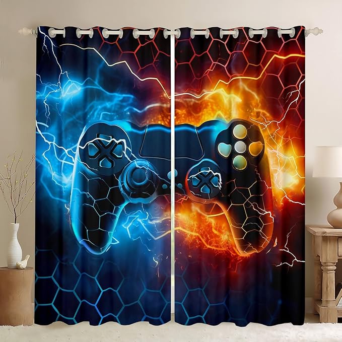 Feelyou Kids Boys Blue Red Gamer Blankout Curtains Honeycomb Gaming Darkening Drapes for Lightning Gamepad Window Curtains Game Room Decor Window Treatments (2 Panels, 52 x 84 Inch)