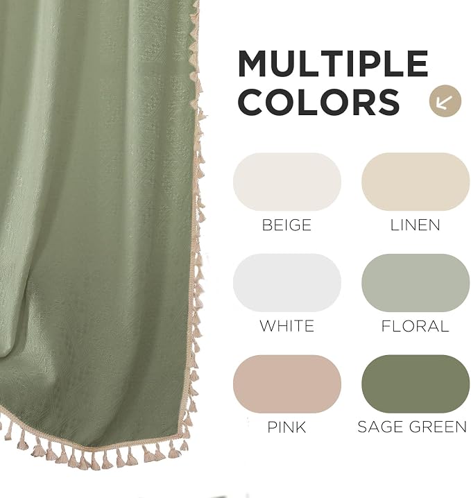 Joydeco Sage Green Boho Curtains 63 Inch Length 2 Panels, Super Soft Bohemian Farmhouse Curtains with Tassels, Semi Sheer Light Filtering Drapes for Bedroom Living Room (Rod Pocket, 52Wx63L)