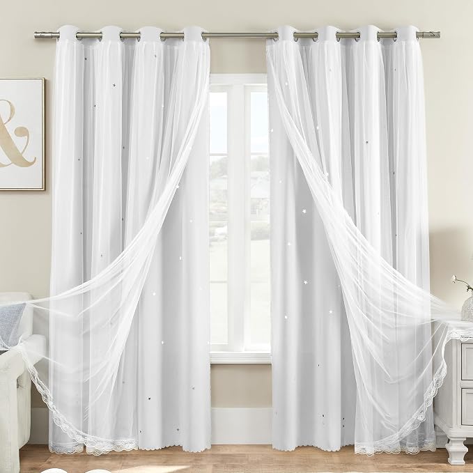 XiDi White Curtains for Kids Girls Bedroom 2 Panels Blackout Double Layer Curtains with Sheer Overlay 72 Inches Length for Nursery Princess Room Star Cut Out Home Decor Grommet Window Drapes W52 X L72