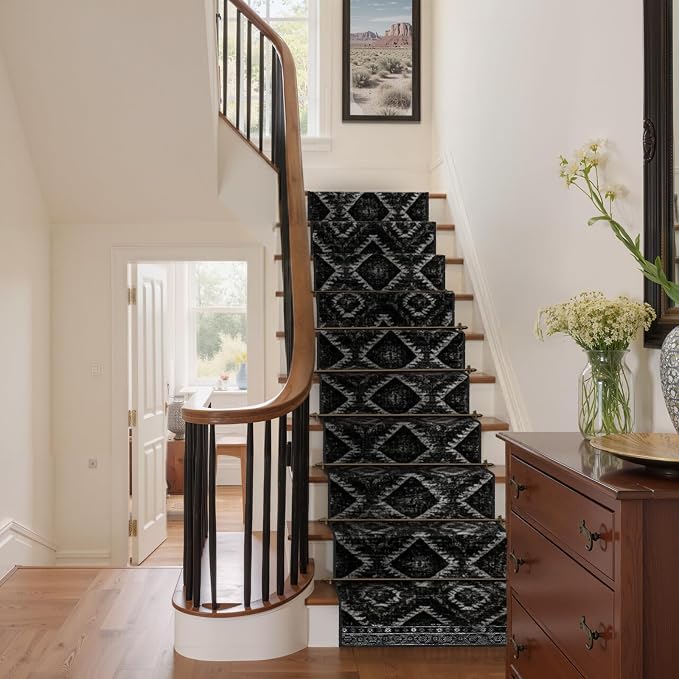 BESTSWEETIE Area Rug 2x10 Rug Machine Washable Non-Slip Low Pile Print Pattern Western Rug for Living Room Bedroom Entryway Tribal Series-Black