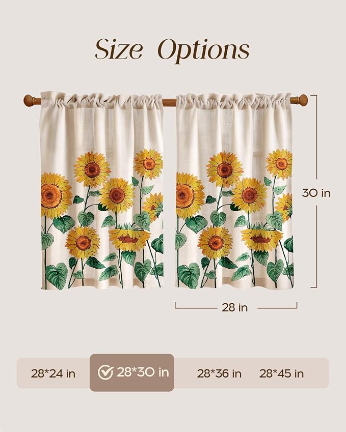 Miss Adola Sunflower Kitchen Tier Curtains - 30 Inch Length Linen Blend Farmhouse Cafe Curtains Floral Small Window Treatments Over Sink Rod Pocket for Bathroom Living Room Light Filtering, 2 Panels