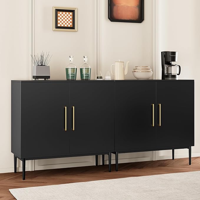 Set of 3 Black Storage Cabinet with Doors, Modern Accent Cabinet, Free Standing Cabinet with Adjustable Shelf, Wooden Buffet Sideboards for Living Room, Kitchen, Dining Room, Entryway