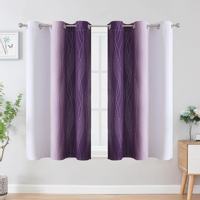 Estelar Textiler Purple and Greyish White Ombre Blackout Curtains 45 Inch Length 2 Panels, Full Room Darkening Gradient Drapes for Bedroom,Thermal Insulated Grommet Short Curtains for Bathroom,42Wx45L