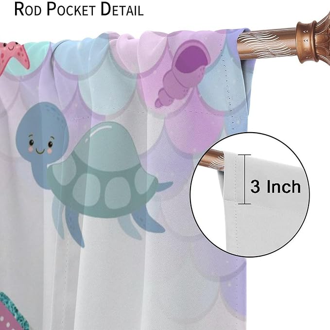 YCness Mermaid Curtains for Girls Bedroom Decor Fantasy Rainbow Colorful Cartoon Underwater Animals Art Printed Blackout Window Drapes Fabric Set 2 Panel 52x84 Inch 80% Shading Rate