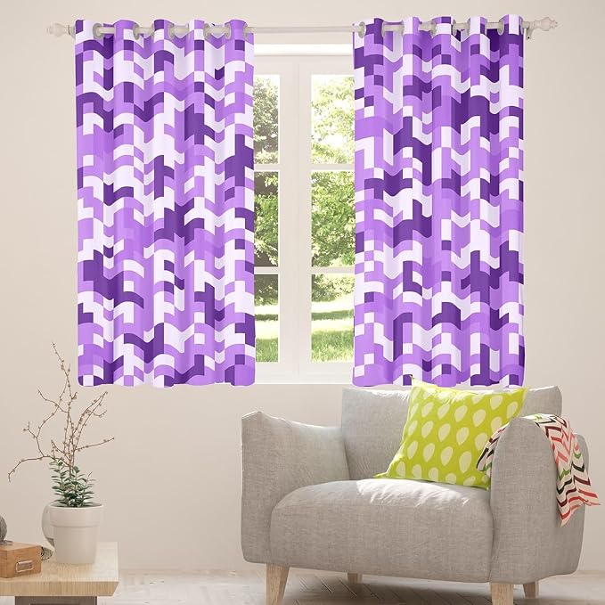 Castle Fairy Purple Checked Window Curtain,Kids Gaming Living Room Decor Curtains,Geometric Grid Camouflage Window Treatment Boys Teens,Modern Video Games Blackout Drapes 2 Panels,42Wx90L