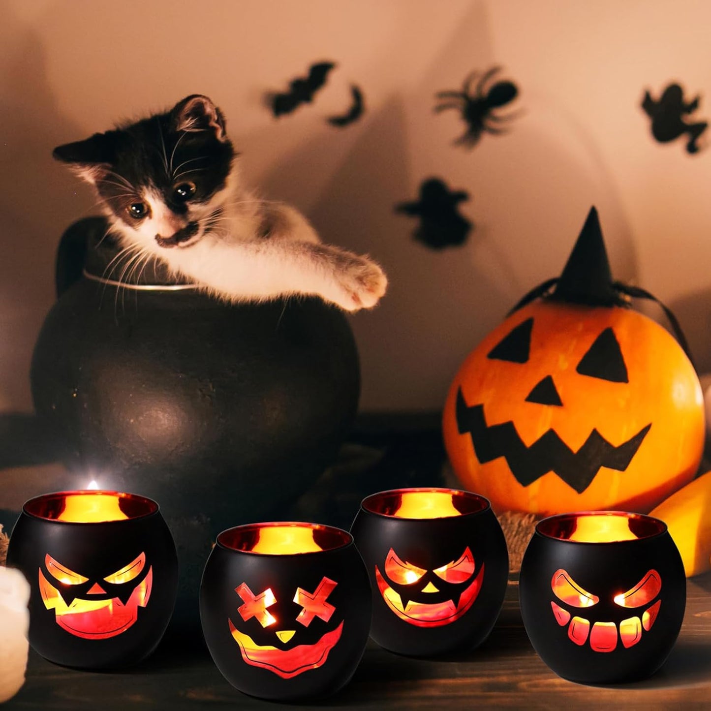 Black Halloween Table Centerpieces Candle Holders 6PCS, Jack O Lantern Tealight Votive Candle Holders, Indoor Halloween Decorations for Mantel Coffe Table Decor