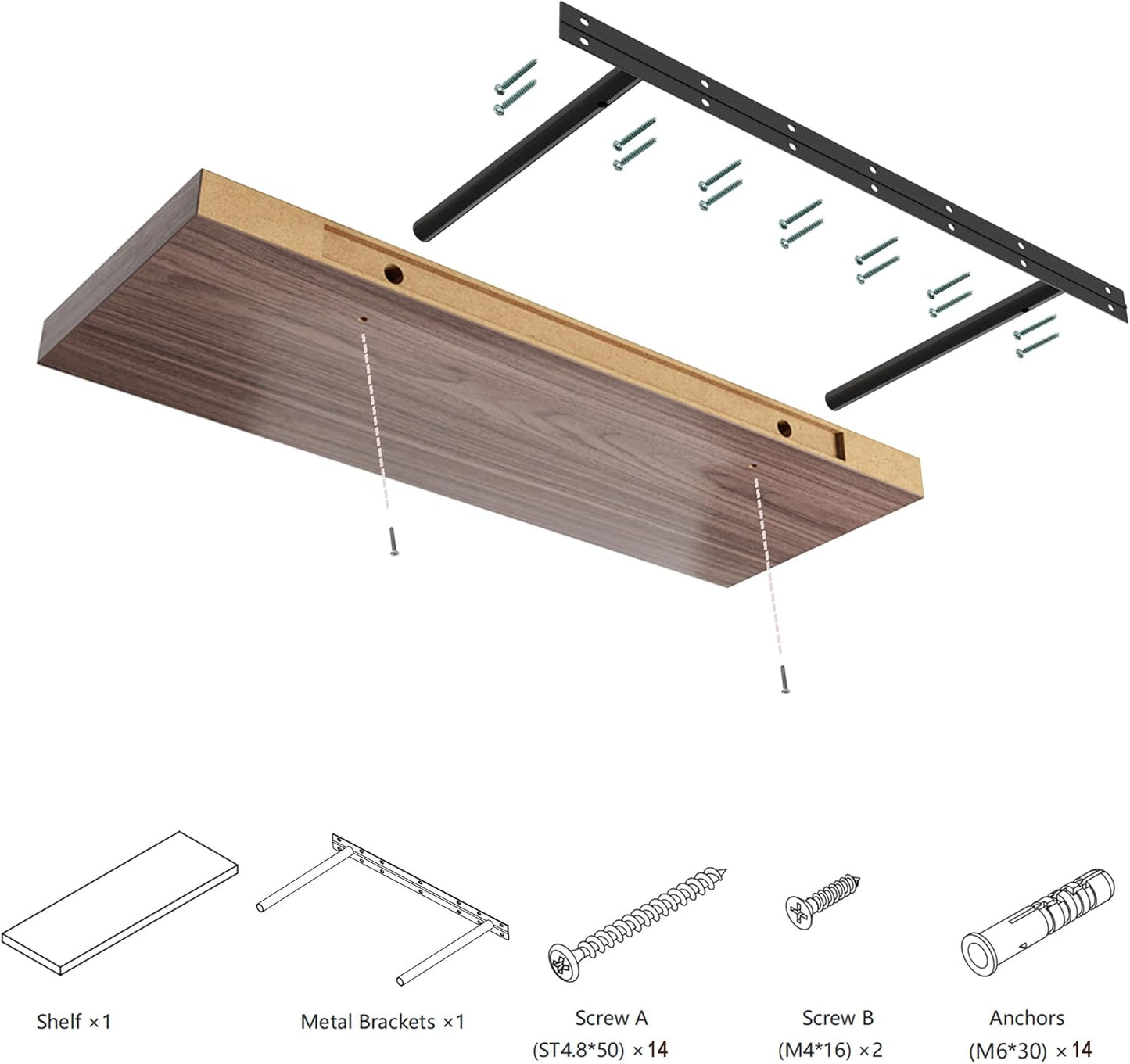Large Floating Shelves for Wall Set of 1 Wooden Wall Shelves 30 in x 12.75 in x 2 in Room Decor Long Shelf with Invisible Wall Mount Bracket for Bedroom Kitchen Living Room Walnut