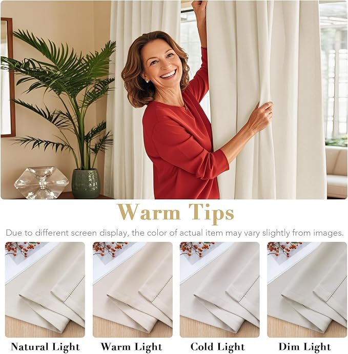 H.VERSAILTEX Light Reducing Curtains Thermal Insulated Window Treatment Panels Room Darkening Privacy Assured Drapes for Living Room Back Tab/Rod Pocket Bedroom Drapes 2 Panels, Ivory - 52 x 72 Inch