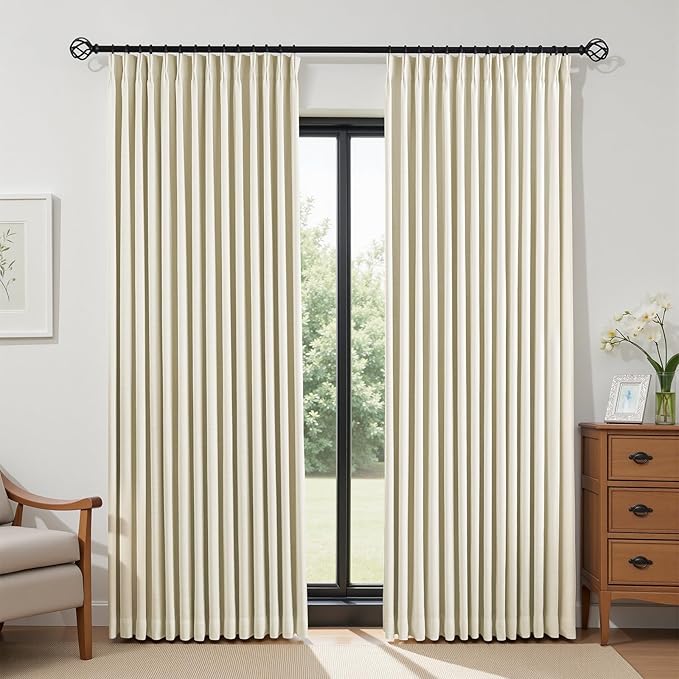 Cream Beige Pinch Pleated Full Blackout Linen Curtains for Bedroom, Black Out Curtains 95 Inches 1 Panel for Living Room Darkening Thermal Insulated Neutral Pleat Drapes with 12 Hooks, 70''Wx95''L