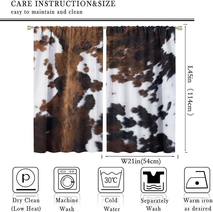 Cow Print Blackout Curtain,Brown White Cowhide Animal Fur Western Rustic Farmhouse Style Window Treatments Rod Pocket Curtain for Bedroom Living Room Kitchen Decor Drapes 42x45in