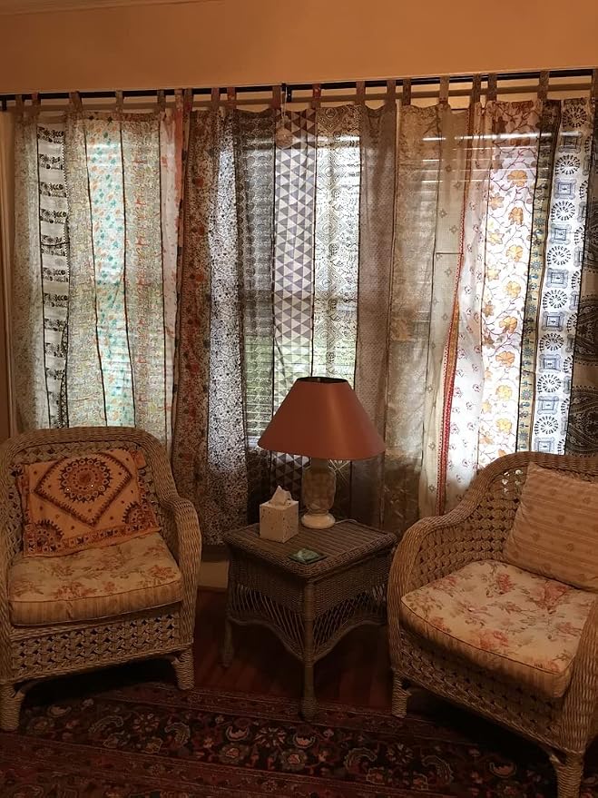 Rajbhoomi Assorted Sari Colorful Curtains Light-Filtering – Boho Curtains, Bed Canopy Panel, Tapestry or Window Treatment White Color (84 X 43 Inches)