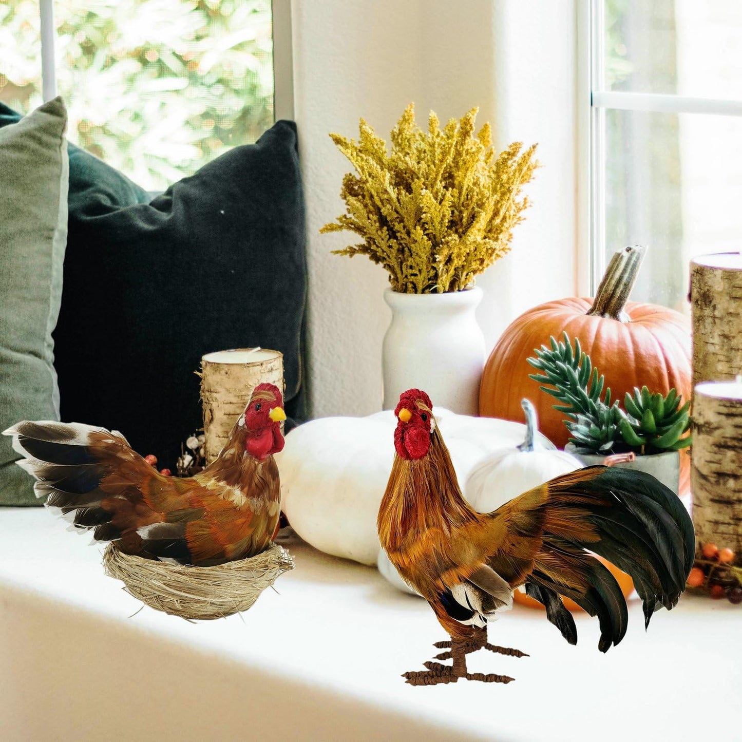 naturevibe 8.8 Inches Feathered Rooster Decor and Hen,Realistic Farm Animals Figurine with Real Feathers as Fall Decorations,Autumn Chicken Decor for Fall Centerpiece or Harvest Festival Display