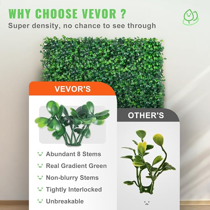 VEVOR Artificial Boxwood Panels,12PCS 10x10 inch, Artificial Grass Backdrop Wall Boxwood Hedge Wall Mat, Privacy Hedge Screen UV Protected for Outdoor Indoor Garden Fence Backyard