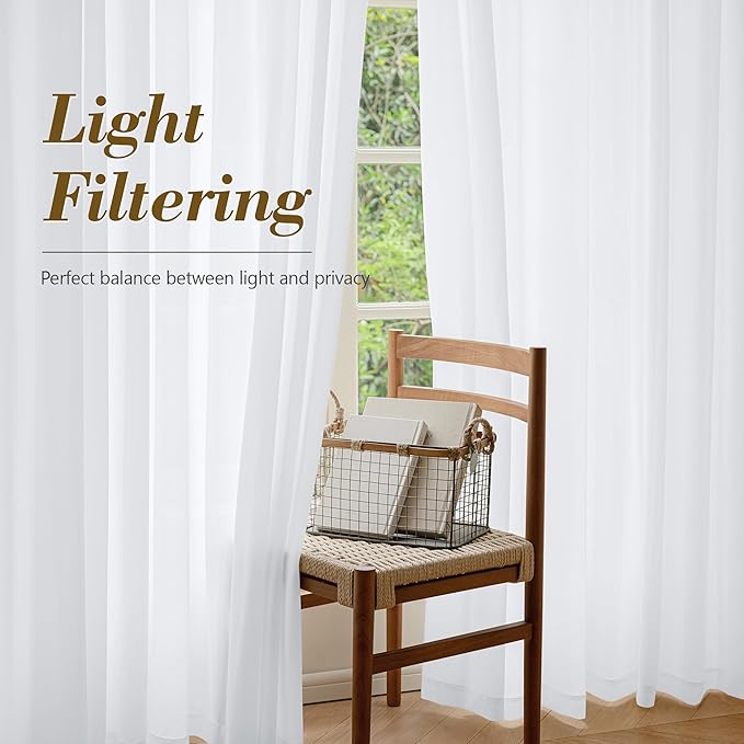 FMFUNCTEX Sheer Non-See-Through White Curtains for Bedroom, Faux Silk that Let Light Curtains 84 inches Long Light Filtering Privacy Sheer Window Drapes for Living Room, Rod Pocket 2 Panels Set