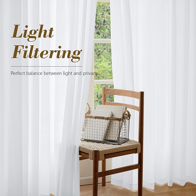 FMFUNCTEX Sheer Non-See-Through White Curtains for Bedroom, Faux Silk that Let Light Curtains 96 inches Long Light Filtering Privacy Sheer Window Drapes for Living Room, Rod Pocket 2 Panels Set