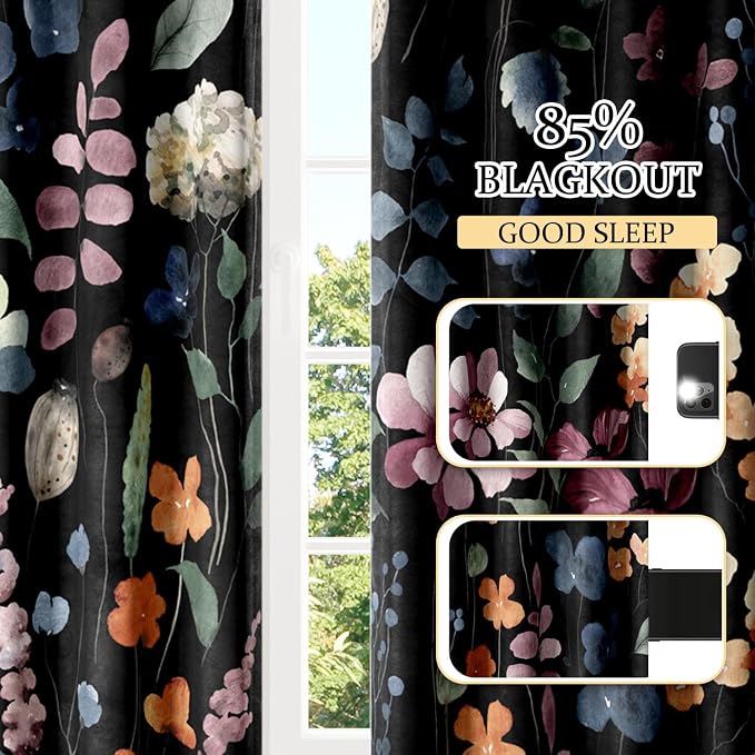 Boho Vintage Floral Blackout Curtains, Black Retro Watercolour Colorful Plant Leaf Flower Design Window Drapes, Living Room Bedroom Decor 2 Panels 52x84 Inch