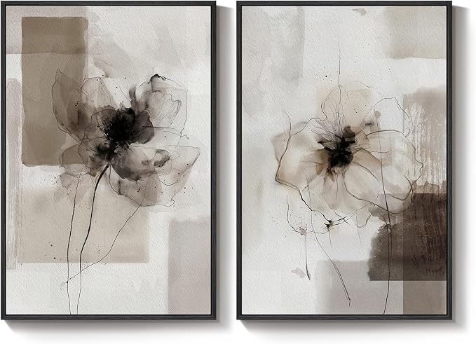 Framed Neutral Abstract Floral Wall Art for Living Room, Set of 2 Black and Brown Canvas Prints Artwork for Walls, Large Modern Minimalist Flower Earthy Pictures Bedroom Hallway Wall Decor, 24x36 Inch